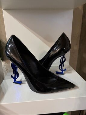 Saint Laurent Black Patent Pumps with Blue YSL Logo Heels